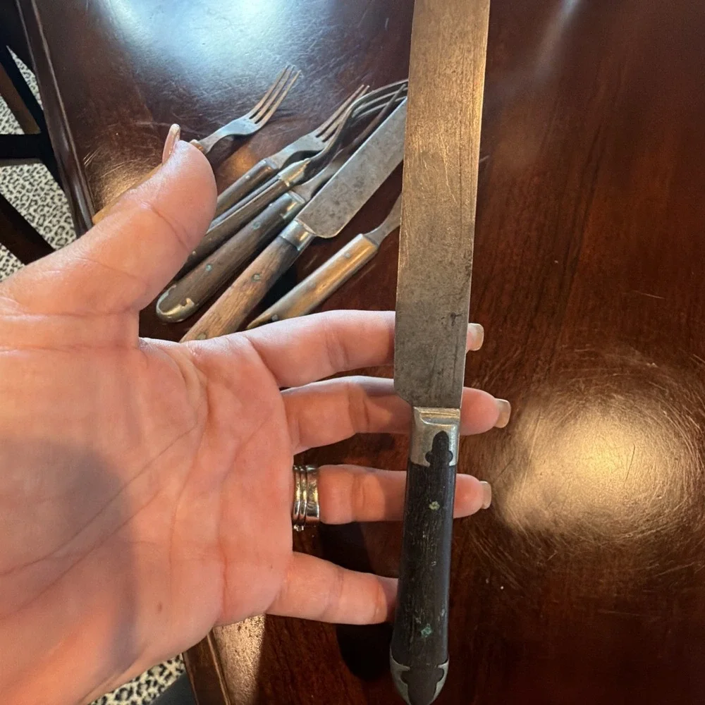 Wood Handle Flatware Lot 8 Primitive Carbon Steel Knives Forks Victoria Era Antq